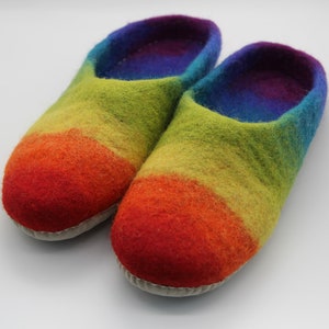 Rainbow Felt Slippers Handmade Fairtrade Real Wool Eco 2,3,4,5,6,7,8 UK sizes Felted Mule Slippers 100% Pride House Pure Wool Suede Sole