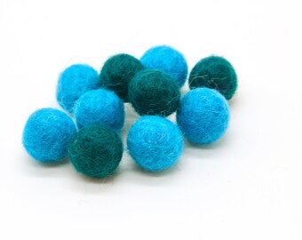 10 x 1.5cm Wool Felt Balls in Assorted Teal and Turquoise - 100% Wool Handmade Felt Balls - Felt Pom Poms Felt Beads