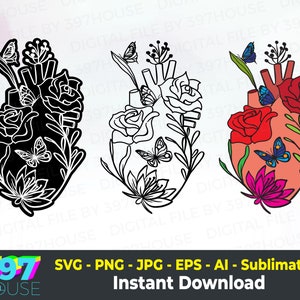 Floral Heart Anatomy svg, Anatomical Heart floral, Botanical Heart with butterfly, Human Heart Clipart, Svg Cut File, Silhouette cameo