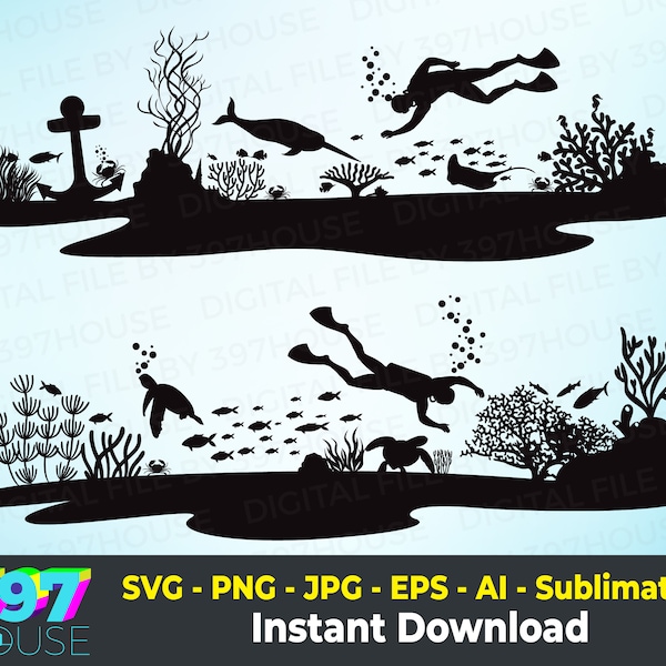 underwater scene Svg, Sea scene Svg, Undersea with fish Svg, Ocean life Bubbles for silhouette cameo and Cricutม Seaweed clipart