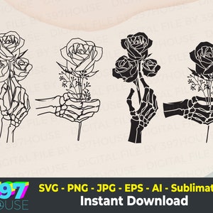 Florale Skelett Hand Svg, Blumen Tattoo Designs, Knochen Svg, Halloween Svg, Knochen Svg, Skelett Hand floral svg, fertig zum Download