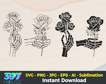 Floral skeleton hand Svg, Flower Tattoo Designs, Bones finger Svg, Halloween svg file, bones, Skeleton Hand floral svg, ready for download