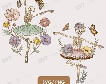 Skeleton Ballerina SVG Bundle, Floral Gothic Dance Art (Digital Download)