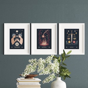 Tarot Trinity Wall Art Set – Lovers, Justice & Devil Celestial Digital Prints