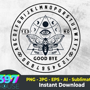 May include: A black and white circular design with a Ouija board style alphabet, numbers, and the words "YES", "NO", and "GOOD BYE". A moth with a skull and floral details is in the centre of the circle.