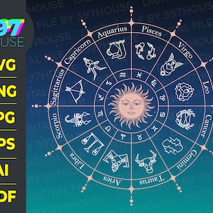 12 Zodiac SVG Astrology Wheel Constellations clipart, Horoscope Circle, Spiritual Symbols, koło roku, Celestial gotowe do pobrania