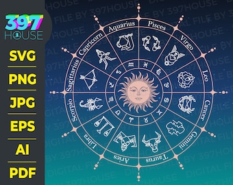 12 Zodiac SVG Astrology Wheel Constellations clipart, Horoscope Circle, Spiritual Symbols, wheel of the year, Celestial ready for download