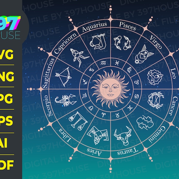 12 Zodiac SVG Astrology Wheel Constellations clipart, Horoscope Circle, Spiritual Symbols, wheel of the year, Celestial ready for download