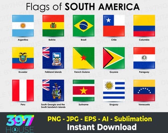 Clipart z flagami Ameryki Południowej, kwadratowe flagi świata (png, jpg, eps, ai)