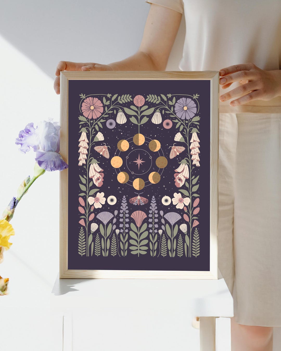 Celestial Moon Phases Botanical Wall Art – Mystical Floral Night Garden ...
