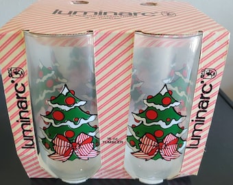 Vintage Luminarc Glass Holiday Tumblers 16oz Christmas Tree Set of 4