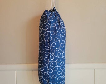 Nautical Coastal Rope Grocery Bag Storage Holder Dispenser Blue and White for Recycling