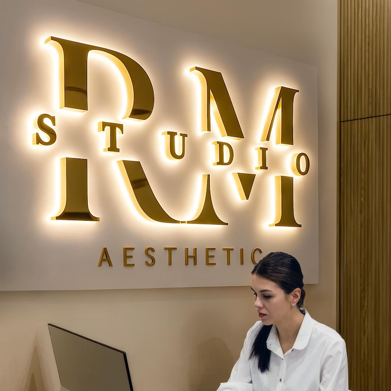 Custom Logo Sign|Backlit Letter Sign for Business Sign|Outdoor Wall Logo Signs| LED Metal Sign|Light up sign|Personalized Beauty Salon Sign image 2