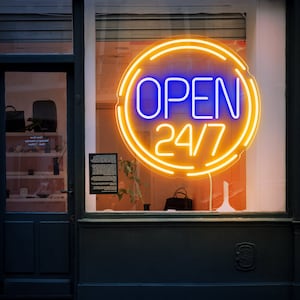 May include: A neon sign with a yellow outline and blue text that reads "OPEN 24/7".
