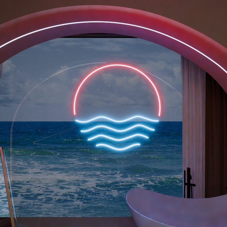 Puede incluir: Un letrero de ne&oacute;n con un c&iacute;rculo rojo y olas azules, que recuerda a una puesta de sol sobre el oc&eacute;ano, se ve a trav&eacute;s de una gran ventana arqueada. La ventana est&aacute; enmarcada por un arco rosa y una cortina blanca.