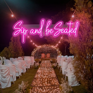 Sorba y esté sentado letrero de neón de boda, letrero de pared de champán, letrero de pared de tarjeta de lugar, letrero de boda, señalización de eventos, regalo de boda para pareja