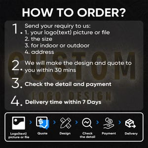 May include: How to order a custom logo design.  The steps are: 1. Send your logo or text, 2. Provide the size, 3. Specify indoor or outdoor use, 4. Give your address.  2. We will create a design and quote within 30 minutes. 3. Check the details and make payment. 4. Delivery within 7 days.