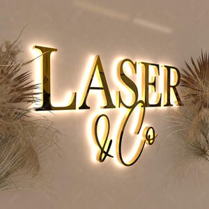 May include: Gold-colored illuminated sign that reads "LASER & Co" in a modern font. The sign is mounted on a light-colored wall, with dried plants on either side. The letters are outlined with a warm glow.
