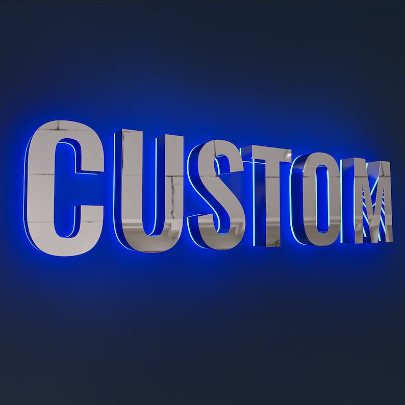 May include: A silver sign with blue neon lights spelling out the word "CUSTOM".