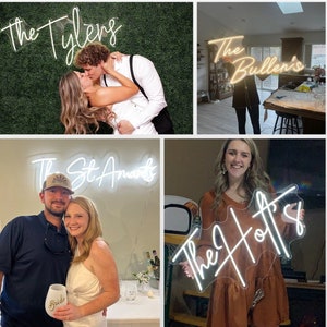 Custom neon wedding signs featuring family names 'The Tylens' & 'The Bullens', and 'The St Arnats' & 'The Hoffs', ideal for big day and home decor