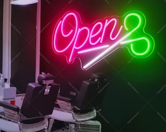 Hair Cut Salon Open,Neon Sign for Barbershop Scissors Wall Decor, LED Haircut Barber Neon, Business Signs Light,Barbershop Open Sign