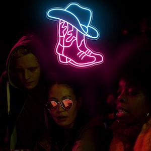 Cowboy Boot and Hat Neon Sign,Pink Aesthetic Western Wall Art,LED Pink Cowgirl Boots Neon Sign Wall Decor, Led Neon Sign,Neon Art