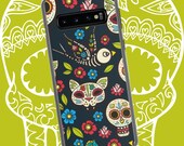 Samsung Galaxy Case Skulls Phone Case Samsung Cover Dia de los Muertos Day of the Dead Skulls Cat Bird Flowers Free Shipping