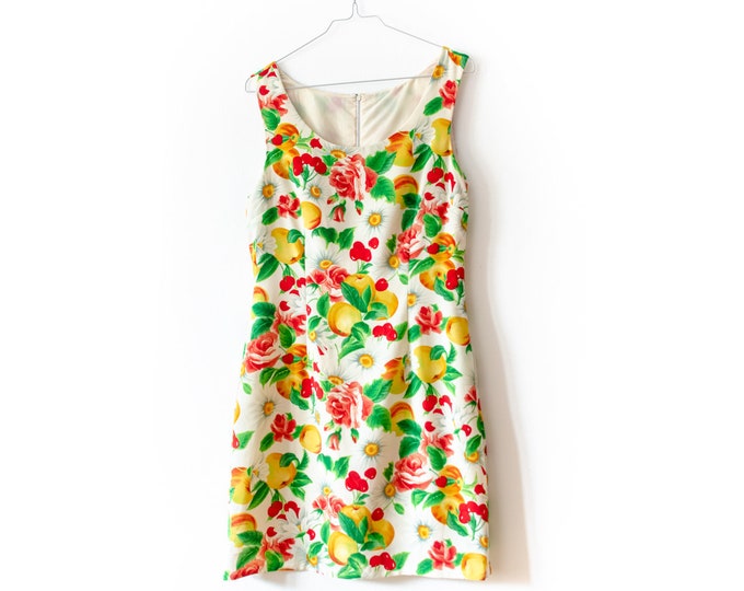 90s Mini Dress With Fruits and Flowers / Retro Scooter Dress 60's Mod