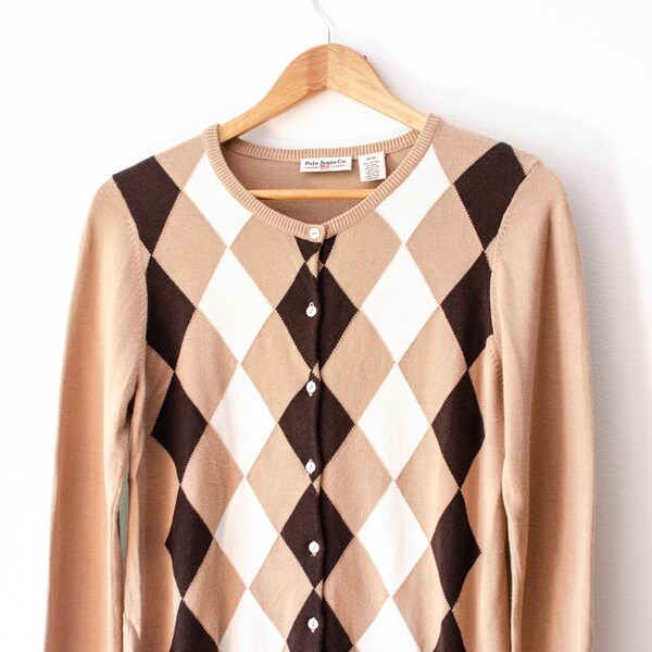 Ralph Lauren Argyle Pattern Cardigan in Beige White and Brown Knitted Sweater