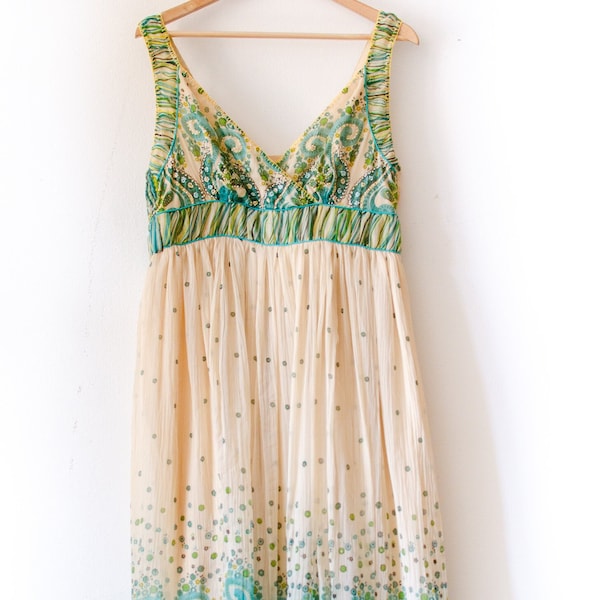 70's Indian Silk Dress Block Print Chiffon Maxi Dress