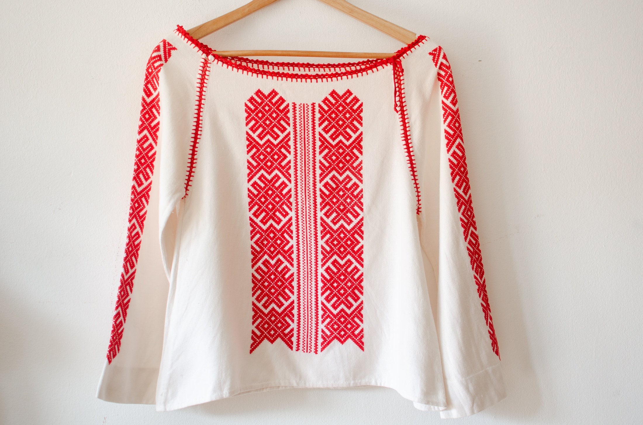 White peasant blouse with red sale embroidery