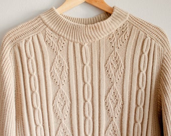 60's Vintage Fisherman Sweater / Cable knit pullover in beige colour.