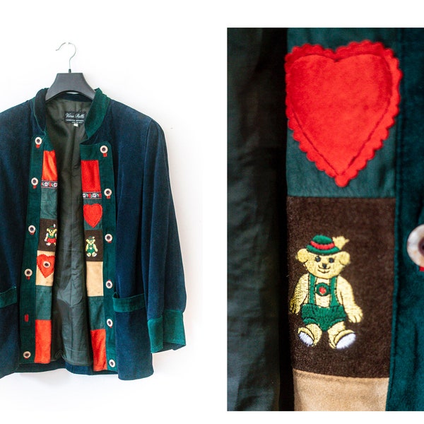 Vintage South Tyrolean Suede Jacket with hearts and teddy bears. Size L / XL