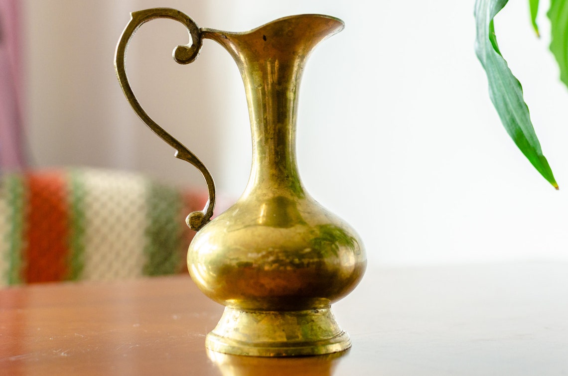 Brass flower vase with handle. Vintage ornate pitcher. Etsy