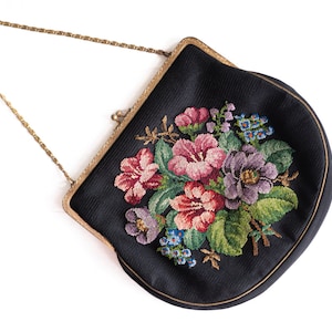 Antique Petite Point Purse with Floral Embroidery / Vintage Tapestry bag