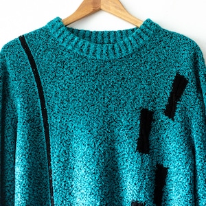 80&#39;s 90&#39;s Knitted Teal Sweater with minimalistic abstract design. L/ XL  Vintage turtle neck jumper.