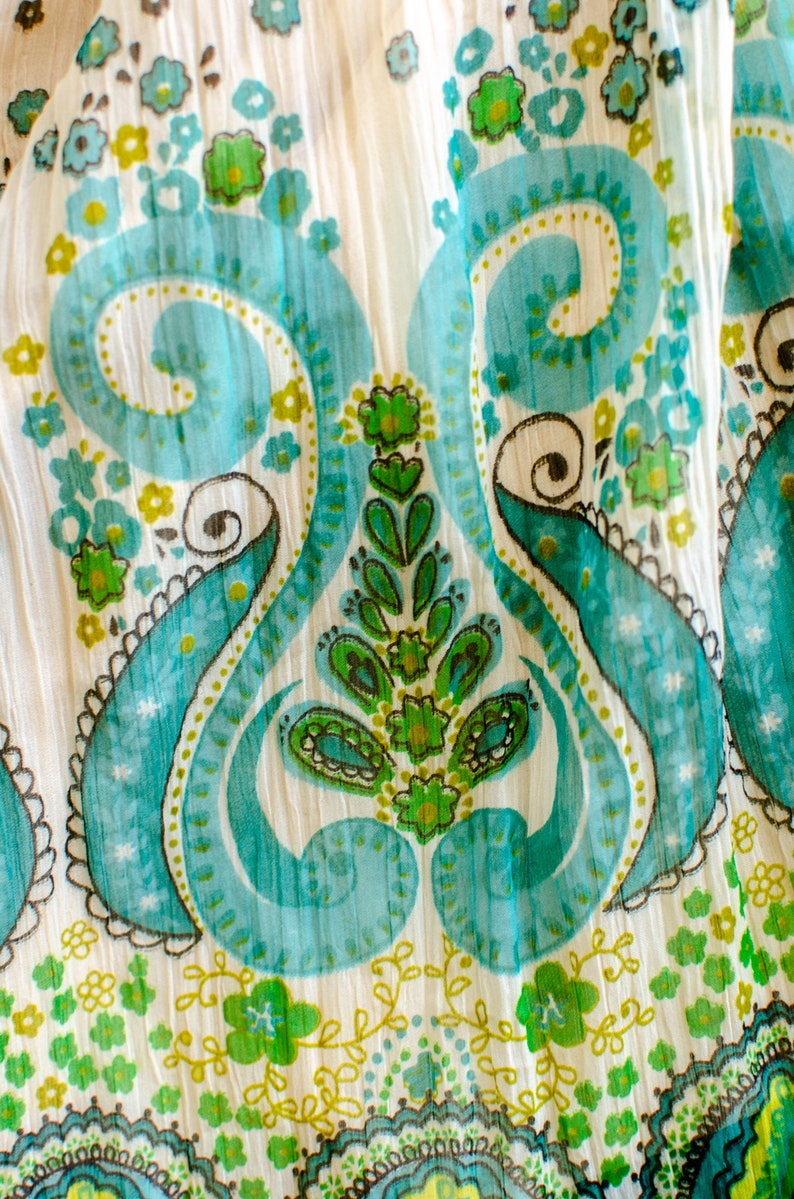 70's Indian Silk Dress Block Print Chiffon Maxi Dress image 9