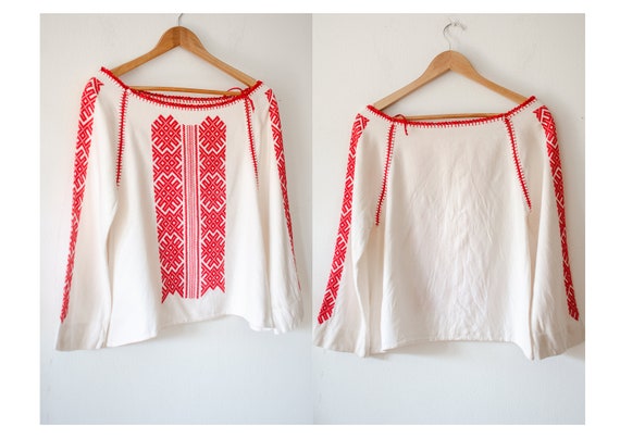 トップス 70s Embroidery Romanian Blouse White Romanian Blouse, Vintage 60s Hand Embroidered White Red