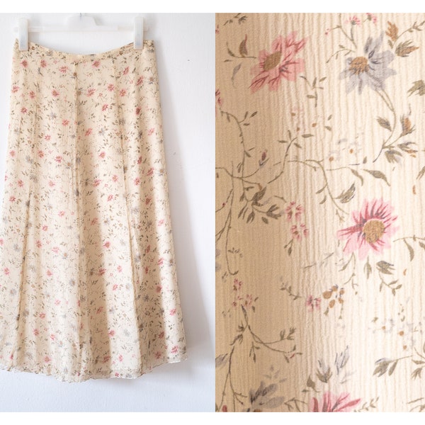 90's Ditsy Print Floral Skirt 100% Silk Crinkled Chiffon Fabric
