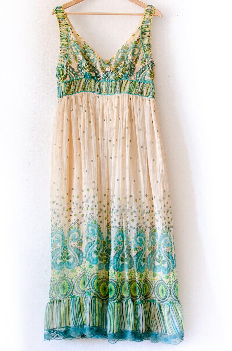 70's Indian Silk Dress Block Print Chiffon Maxi Dress image 1