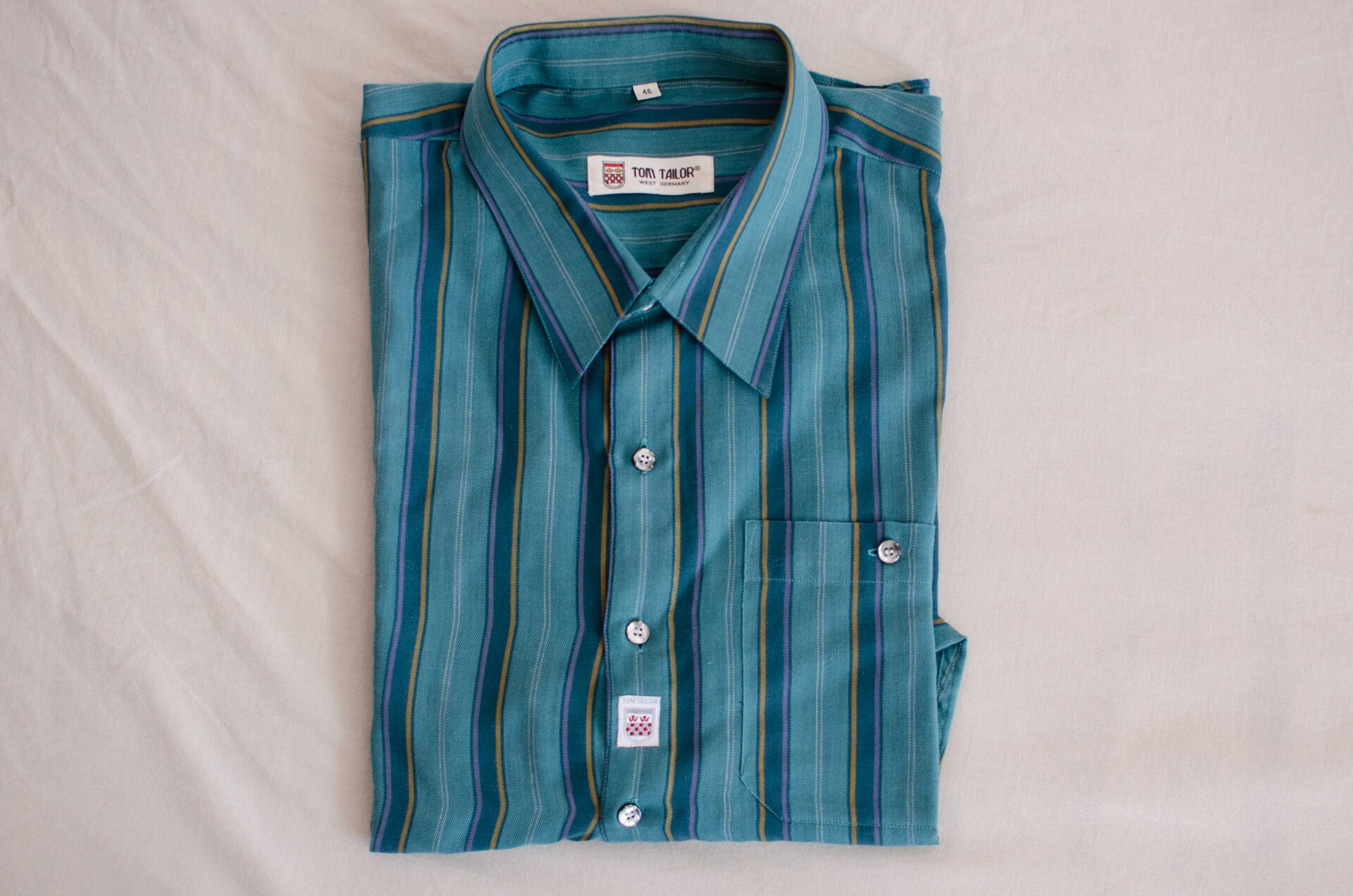 70\'s Shirt Tom Tailor Purple and Etsy Sleeves Long Teal With Pinstripes - Green