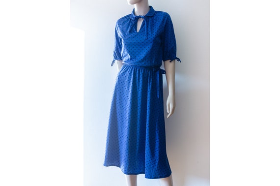 70s Blue Midi Dress with Dots / Austrian vintage jersey Dress / Creation Alexandra Silva Vienna