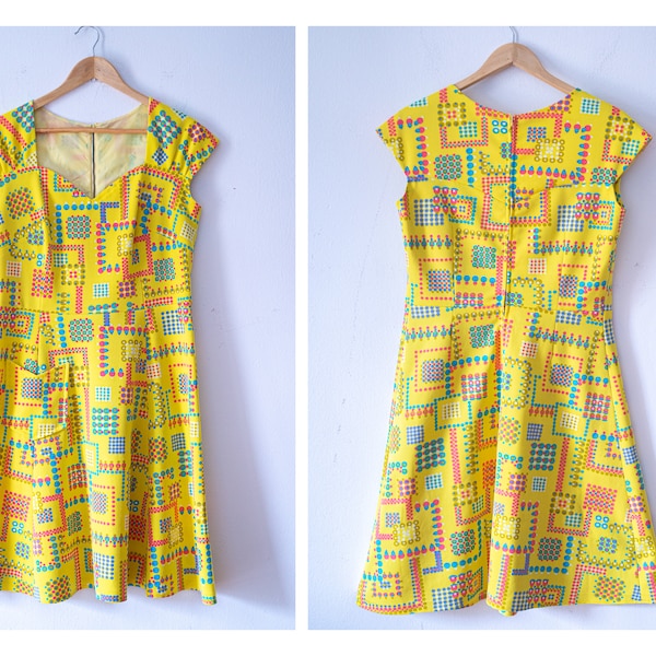 50's / 60's Yellow Midi Dress with Geometric Print