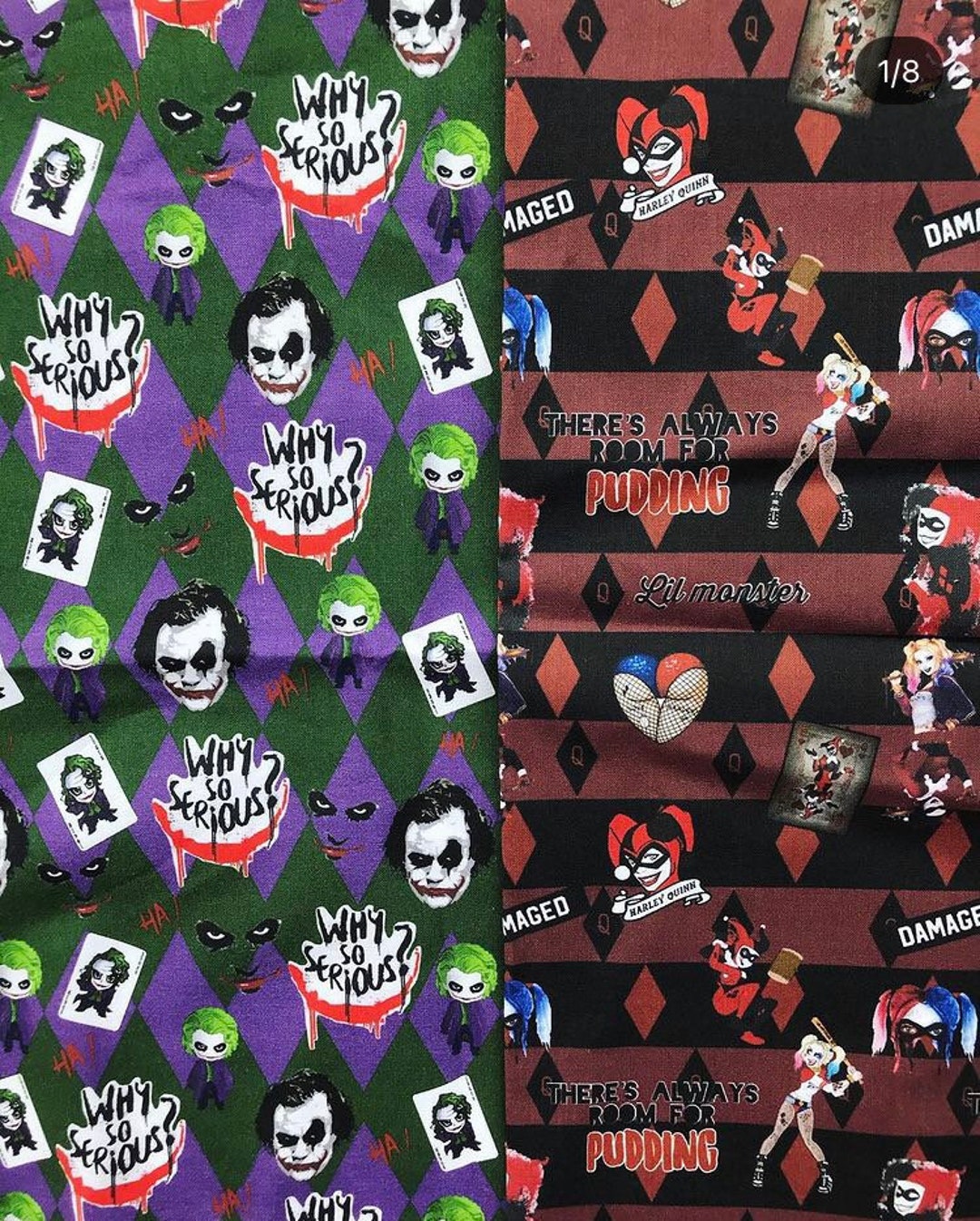 The Joker and Harley Quinn Fabric. X2 Fat Quarters of Harley X2 Fat