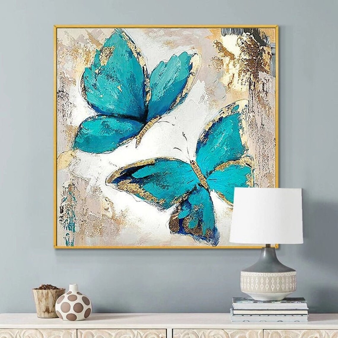 Two blue butterflies Oil Painting on Canvas Print Wall Art Etsy