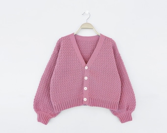 Patron cardigan facile au crochet, Pull manches ballon enfant, Patron cardigan enfant au crochet, Cardigan col V facile au crochet, 4 à 14 ans