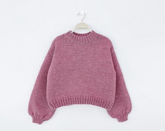 Modèle de pull en tricot épais pour enfants, modèle de pull en tricot facile, cardigan en tricot pour débutante pour fille, pull à manches ballon