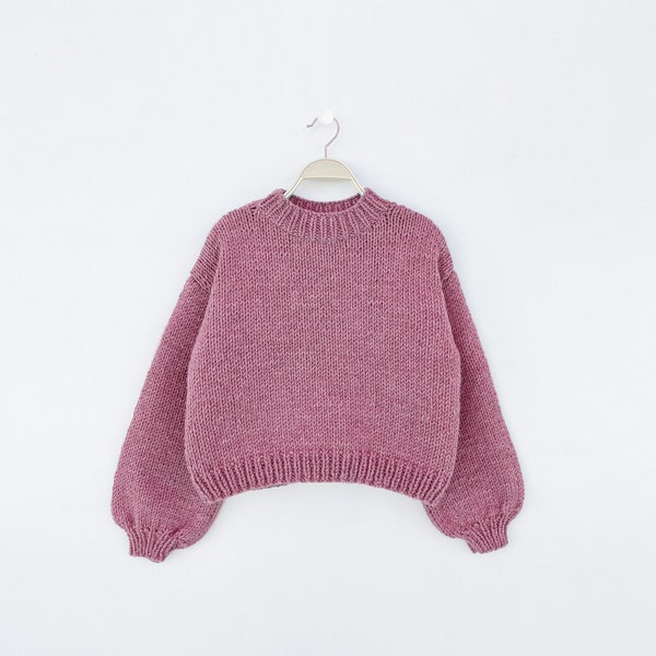Chunky kids knitting sweater pattern, Easy knit sweater pattern, Girl beginner knit cardigan, Balloon sleeves sweater