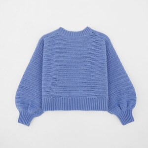May include: A light blue crocheted sweater with long sleeves and a round neckline.