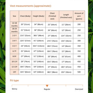 May include: A chart showing vest measurements in inches and centimeters for different sizes, from 12-18 months to 14 years. The chart also includes the amount of yarn needed in grams for each size.